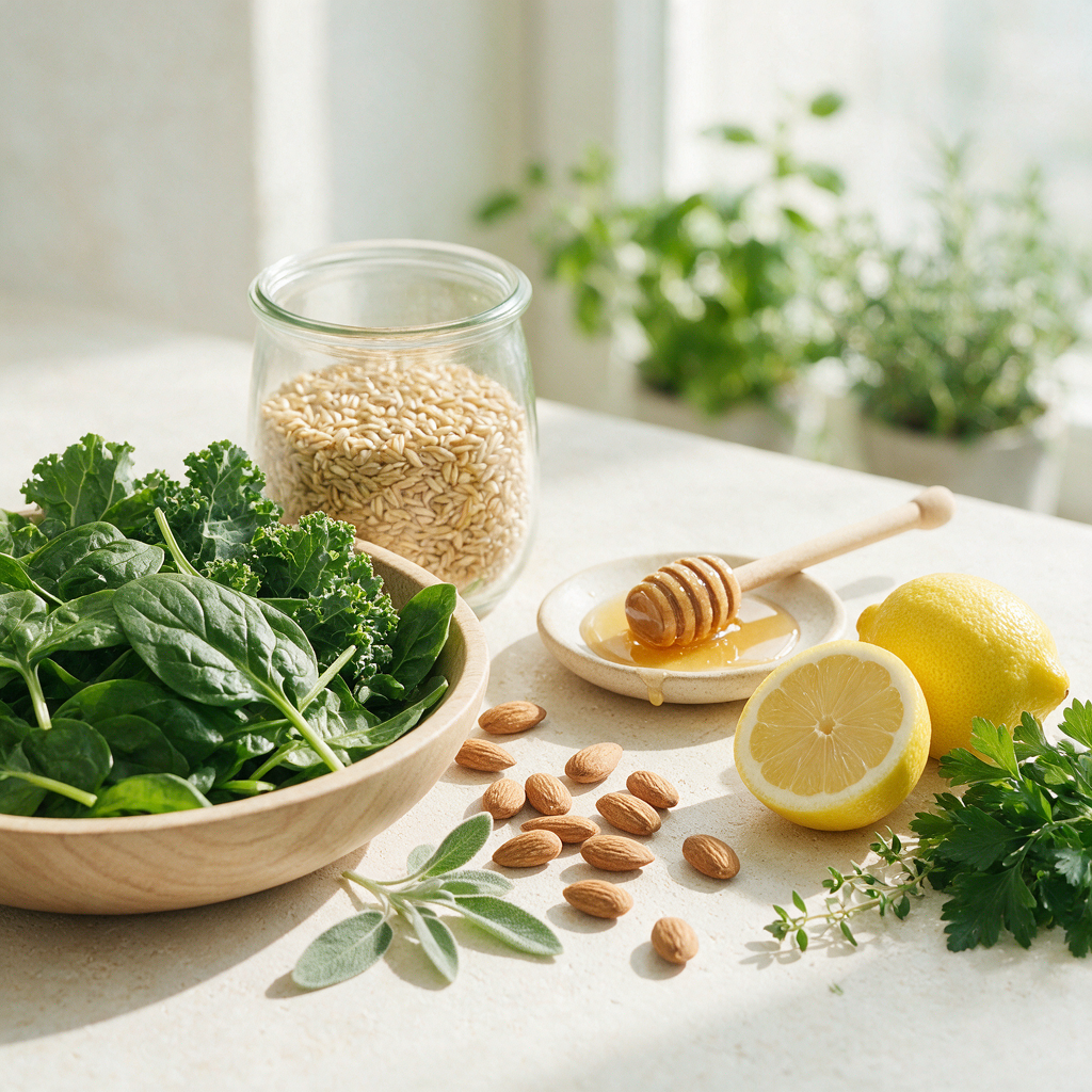 Leafy greens, oats in a glass jar, honey, nuts, lemon and herbs on a pale stone surface