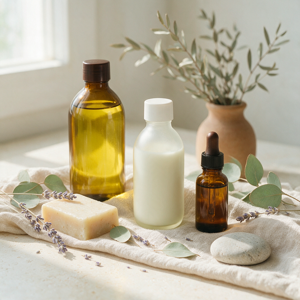 Plain glass bottles, a bar of cream soap, dried lavender and eucalyptus on a pale stone surface
