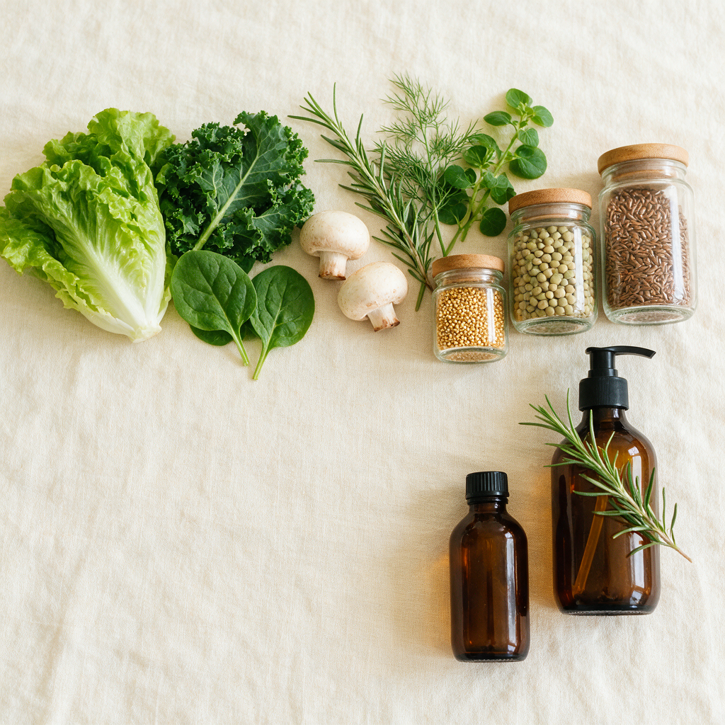 Fresh vegetables, herbs, grains in glass jars and plain glass body care bottles arranged on a pale linen surface